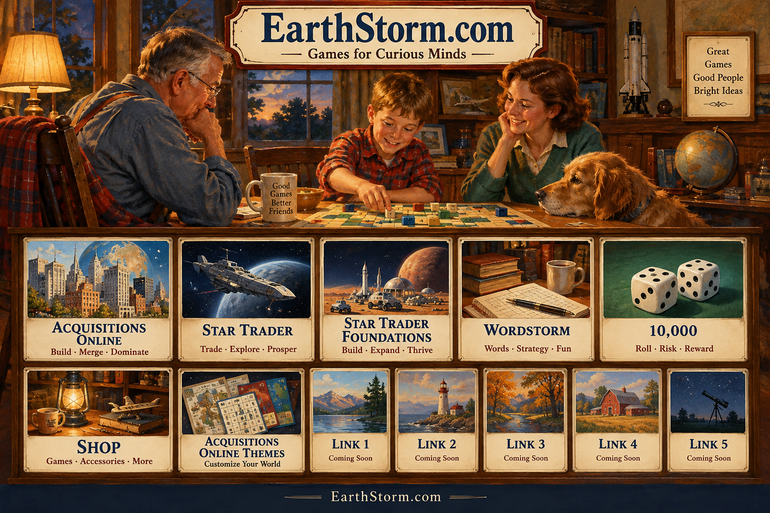 Vintage family game night illustration with EarthStorm.com heading and twelve game and shop cards